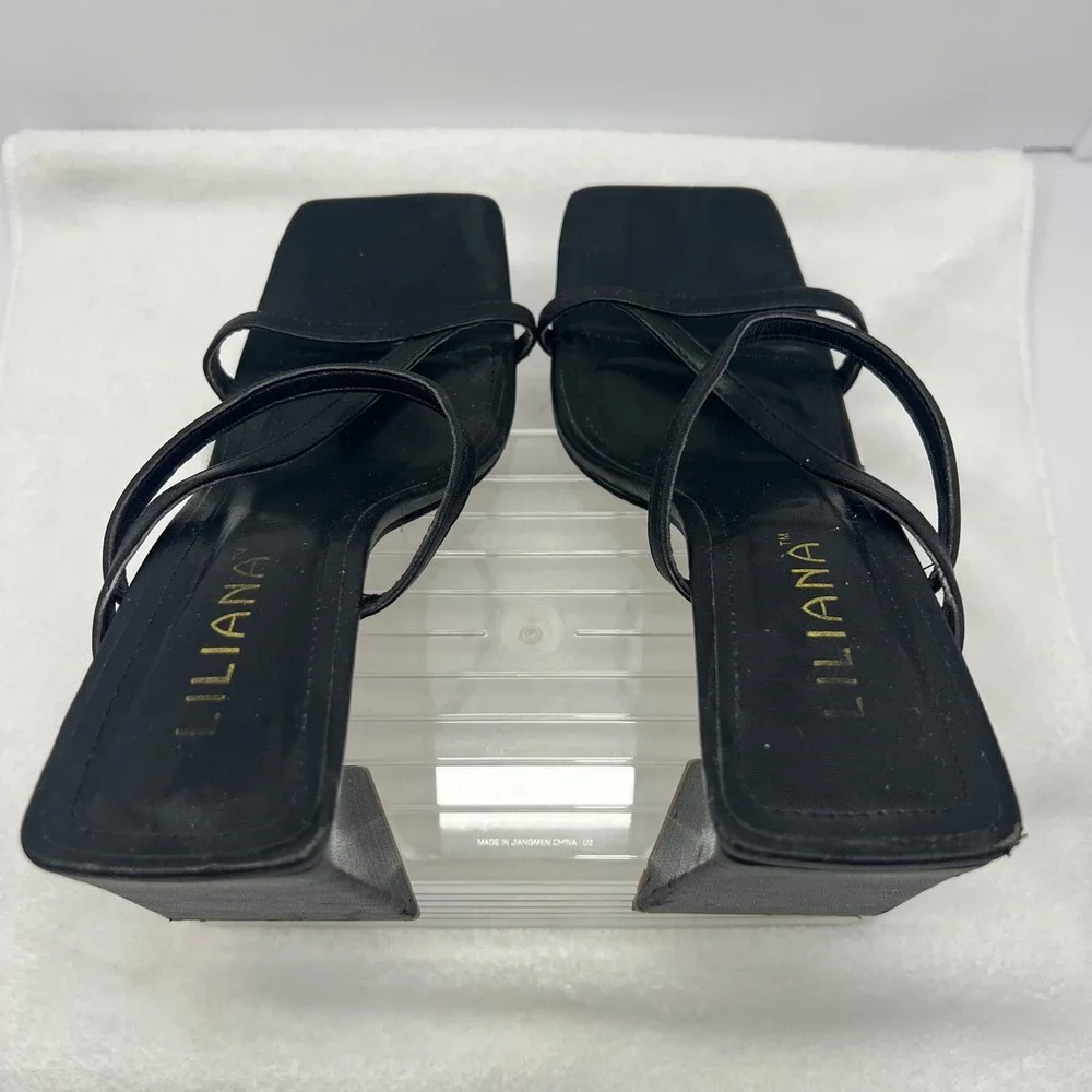 LILIANA‎ Strappy Block Heel Mule Sandals Womens 7.5 Black Square Toe Modern